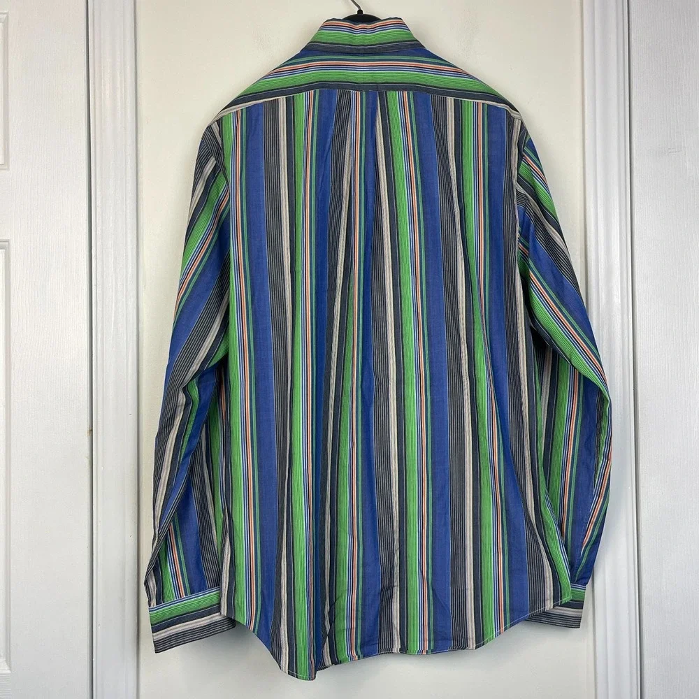 VTG Ralph Lauren Golf Polo Cotton Long Sleeve Button Down‎ Mens L Striped Blue